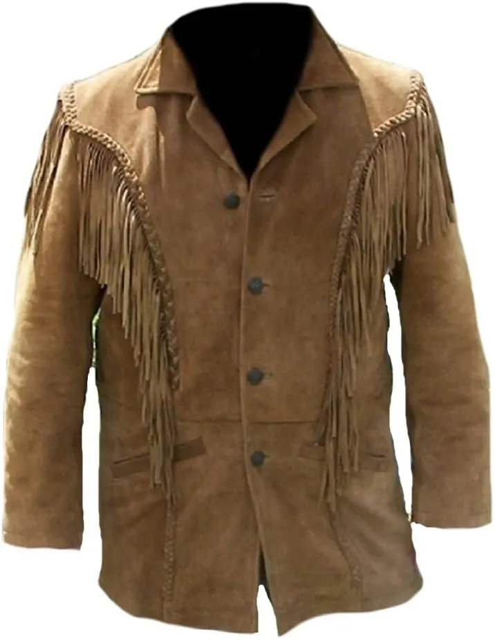 Classyak Men's Cowboy Jacket Western Fringed Suede Leather Coat