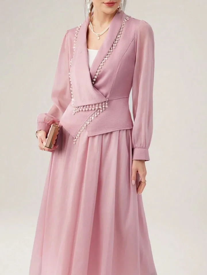 CM-SS752694 Women Elegant SeouL Style Pom-Pom Decorated Long Sleeve Top With Skirt - Set