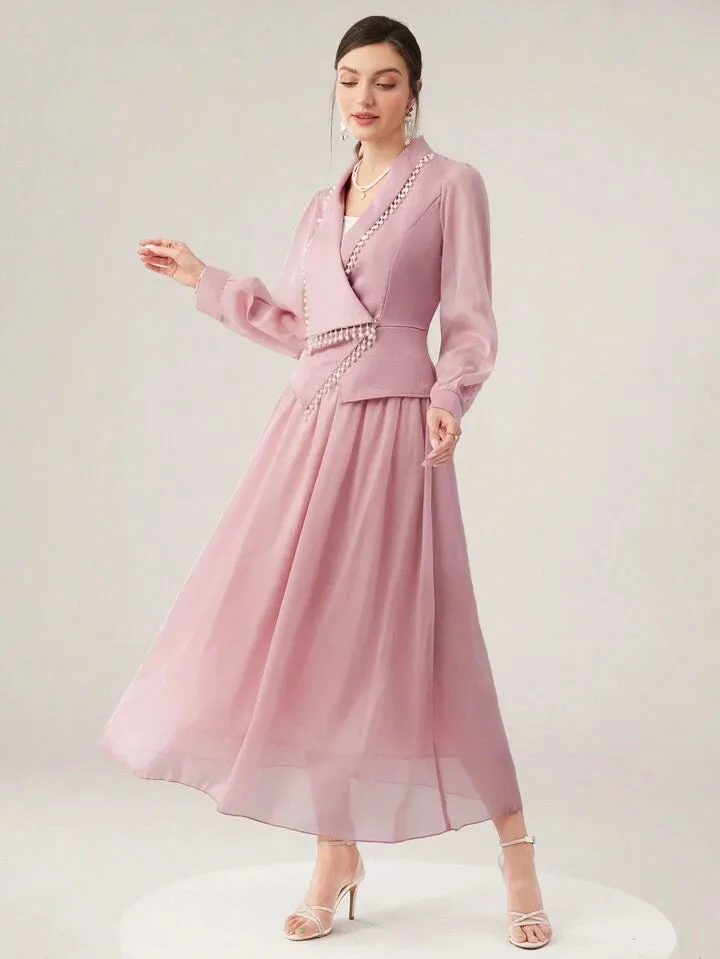 CM-SS752694 Women Elegant SeouL Style Pom-Pom Decorated Long Sleeve Top With Skirt - Set