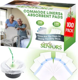 Commode Liners with Absorbent Pads - 100 Bedside Commode Liners & Pads - Portable Toilet Bags for Porta Potty & Camping - No More Days Washing The Bucket of The Commode Chair for Toilet with Arms