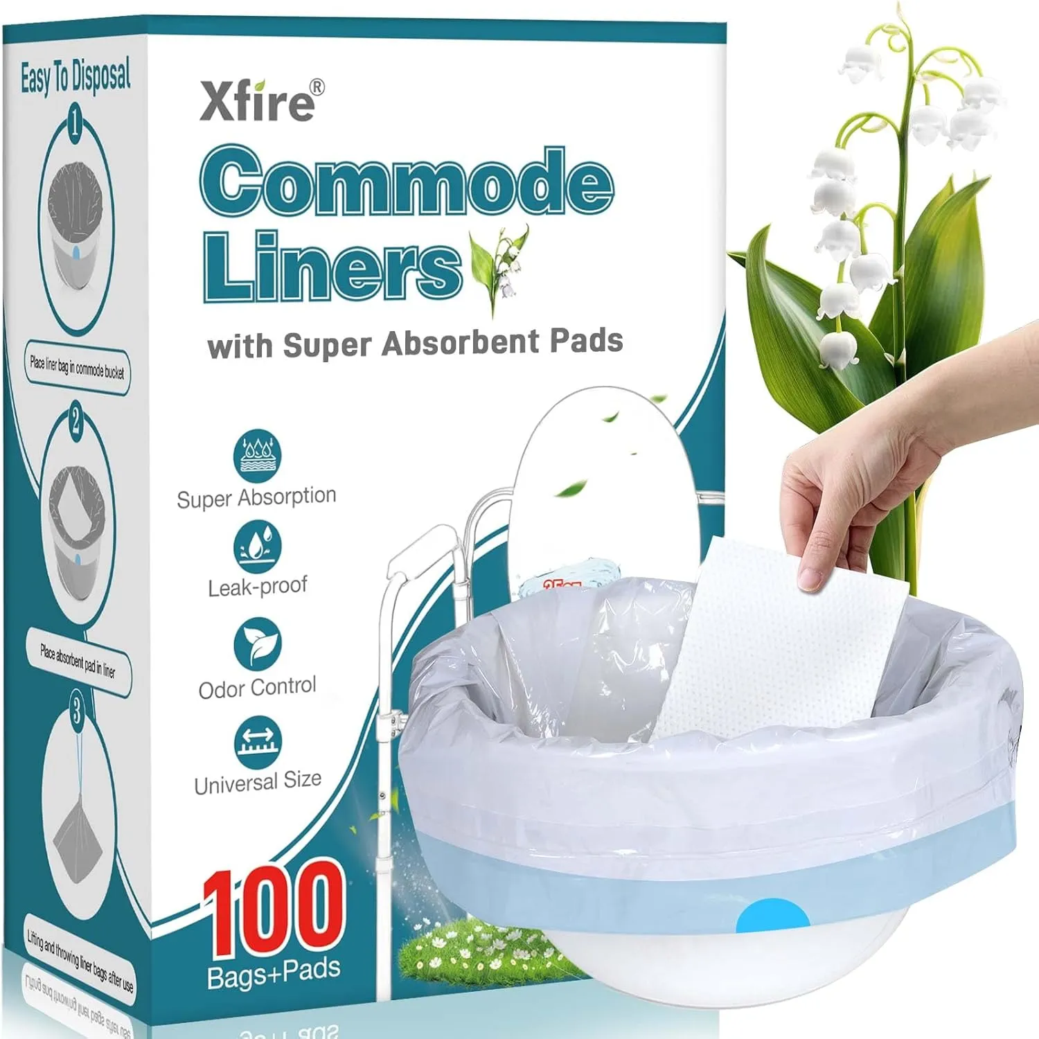 Commode Liners with Absorbent Pads- 100 Commode Bags  100 Commode Pads, Extra Thicken Commode Toilet Liners Universal Fit Bedside Commode, Portable Toilet, Chair Bucket, Bedpan