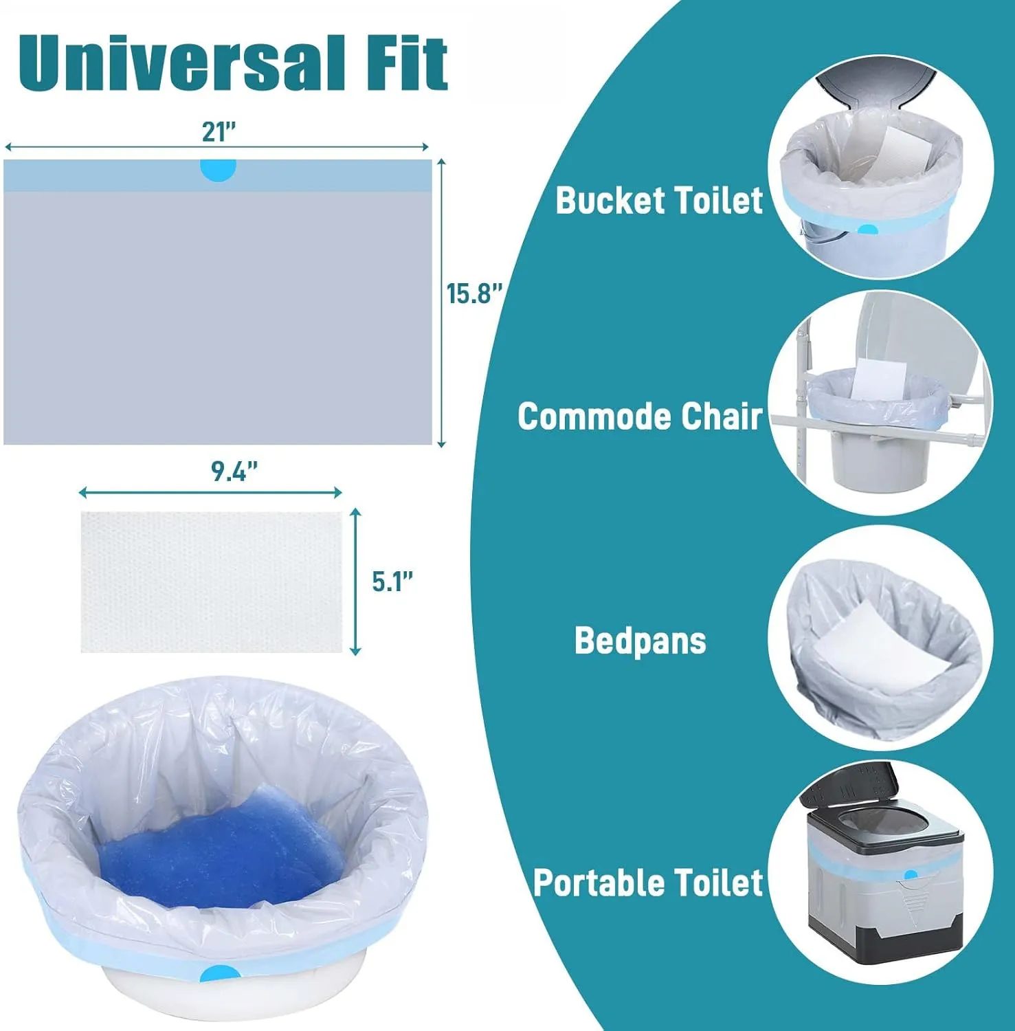 Commode Liners with Absorbent Pads- 100 Commode Bags  100 Commode Pads, Extra Thicken Commode Toilet Liners Universal Fit Bedside Commode, Portable Toilet, Chair Bucket, Bedpan