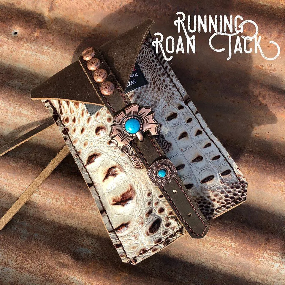 Copper Tipped Croc Mini Saddle Bag with Your Choice of Buckle and Fringe for Phone, Keys, Roping Powder, etc
