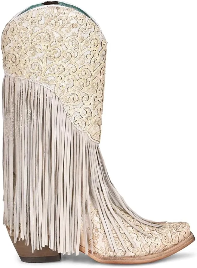 CORRAL LADIE'S WHITE LAMB OVERLAY & EMBROIDERY & FRINGES, LEATHER SOLE, COWHIDE/LAMB LEATHER, WESTERN, C3955