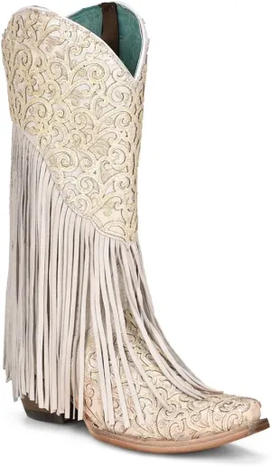 CORRAL LADIE'S WHITE LAMB OVERLAY & EMBROIDERY & FRINGES, LEATHER SOLE, COWHIDE/LAMB LEATHER, WESTERN, C3955