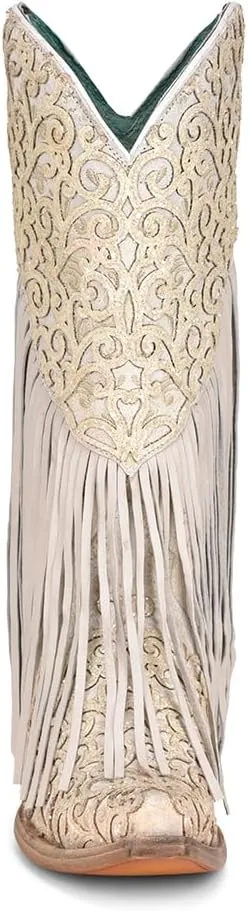 CORRAL LADIE'S WHITE LAMB OVERLAY & EMBROIDERY & FRINGES, LEATHER SOLE, COWHIDE/LAMB LEATHER, WESTERN, C3955