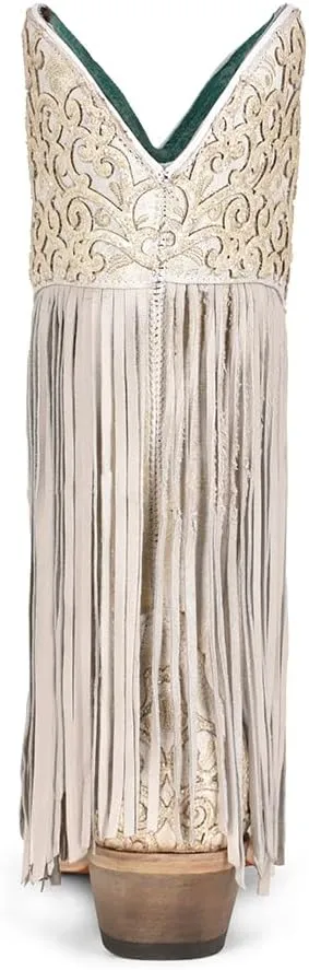 CORRAL LADIE'S WHITE LAMB OVERLAY & EMBROIDERY & FRINGES, LEATHER SOLE, COWHIDE/LAMB LEATHER, WESTERN, C3955