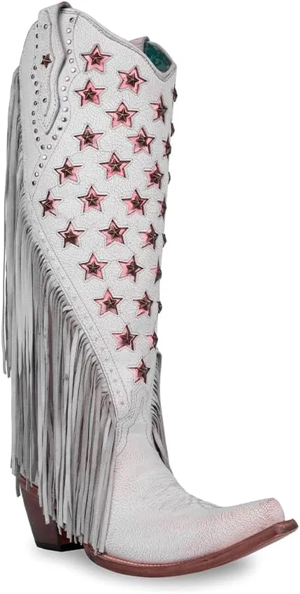 CORRAL LADIE'S WHITE/PINK STARS INLAY & EMBROIDERY & STUDS & LAMB FRINGES TALL TOP NEON BLACK LIGHT, CORRAL LARGE 52.0 X 32.0 X 11.5 SOLE,COWHIDE/LAMB LEATHER, WESTERN BOOT, C4084