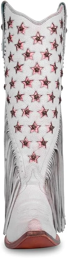 CORRAL LADIE'S WHITE/PINK STARS INLAY & EMBROIDERY & STUDS & LAMB FRINGES TALL TOP NEON BLACK LIGHT, CORRAL LARGE 52.0 X 32.0 X 11.5 SOLE,COWHIDE/LAMB LEATHER, WESTERN BOOT, C4084