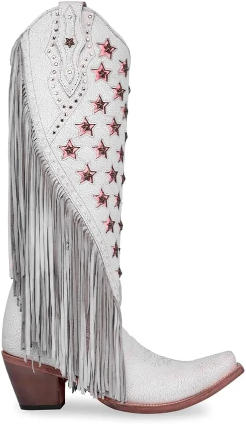 CORRAL LADIE'S WHITE/PINK STARS INLAY & EMBROIDERY & STUDS & LAMB FRINGES TALL TOP NEON BLACK LIGHT, CORRAL LARGE 52.0 X 32.0 X 11.5 SOLE,COWHIDE/LAMB LEATHER, WESTERN BOOT, C4084