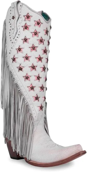 CORRAL LADIE'S WHITE/PINK STARS INLAY & EMBROIDERY & STUDS & LAMB FRINGES TALL TOP NEON BLACK LIGHT, CORRAL LARGE 52.0 X 32.0 X 11.5 SOLE,COWHIDE/LAMB LEATHER, WESTERN BOOT, C4084