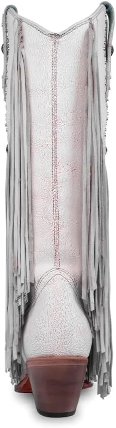 CORRAL LADIE'S WHITE/PINK STARS INLAY & EMBROIDERY & STUDS & LAMB FRINGES TALL TOP NEON BLACK LIGHT, CORRAL LARGE 52.0 X 32.0 X 11.5 SOLE,COWHIDE/LAMB LEATHER, WESTERN BOOT, C4084