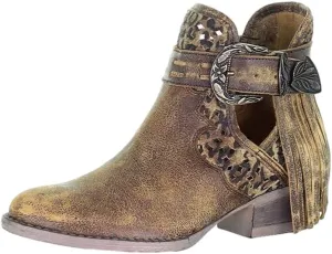 Corral Ld Brown Fringes & Harnes Bootie Round Toe ,Size 7