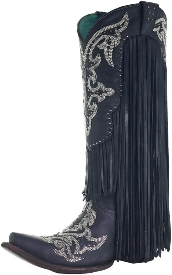 CORRAL Women's Black Fringe Lamb Tall Snip Toe Cowgirl Boots