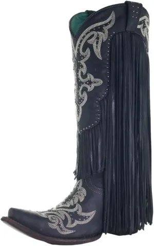 CORRAL Women's Black Fringe Lamb Tall Snip Toe Cowgirl Boots