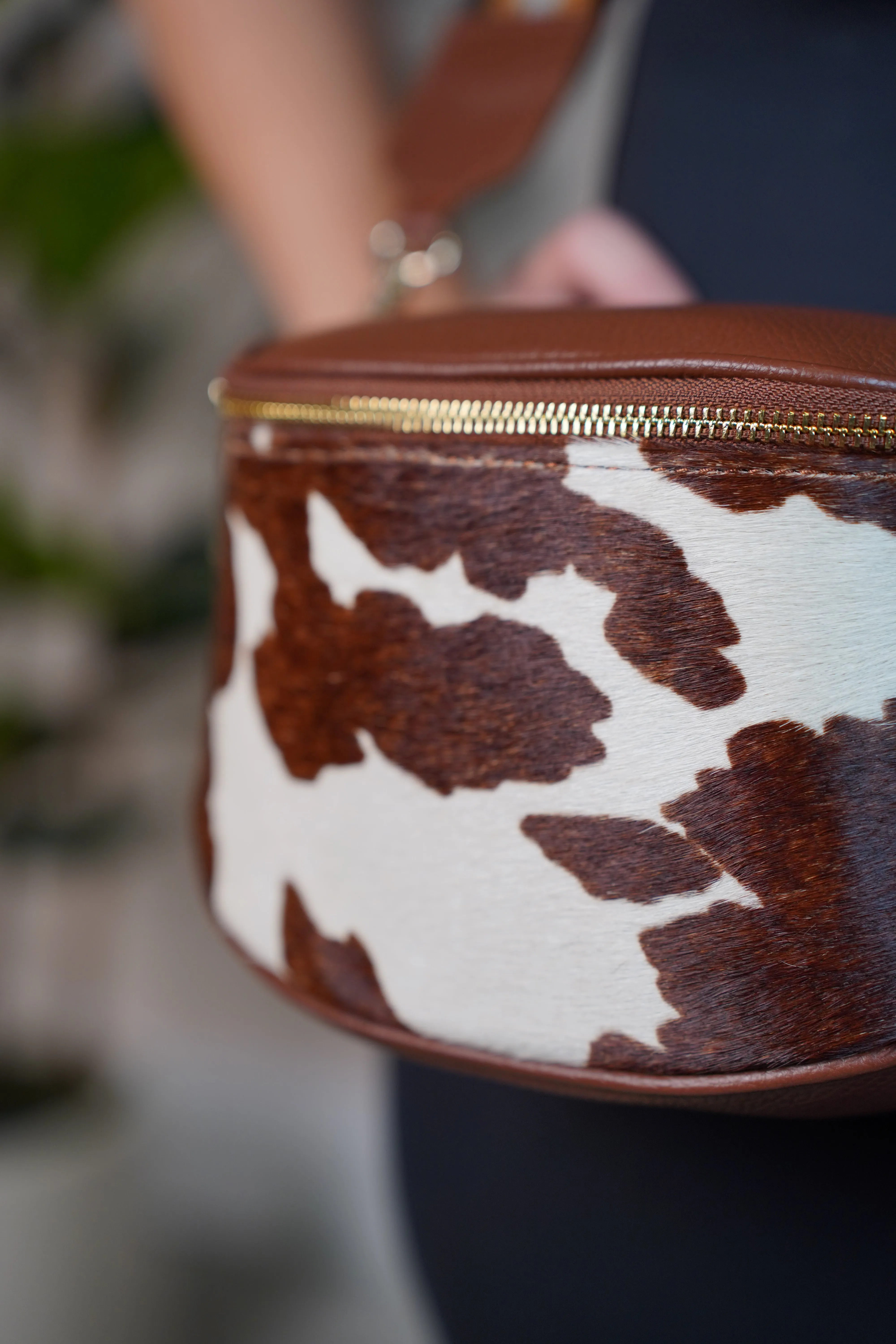Cow Mini Crossbody Bag Brown & White Leather with Wide Stripe Strap