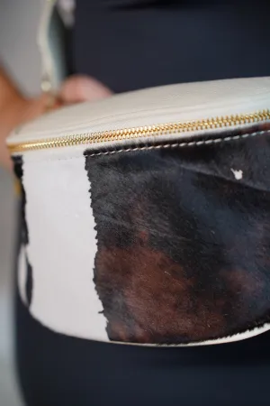 Cow Mini Crossbody Bag Brown & White Leather with Wide Stripe Strap