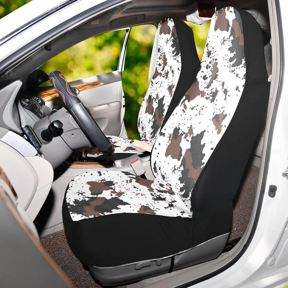 Cow Print Car Seat Covers Set of 2,Rustic Spotted Cow Fur Texture Black Brown Cowhide Universal Auto Front Seat Protector for Women Cute Animal Skin Pattern Car Accessories Fit for Car Truck