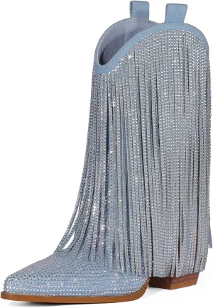 Cowboy Boots for Women - Cowgirl Western Rhinestone Sparkly Fringe Chunky Heel Pointed Toe Ankle Boots