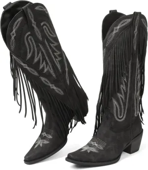 Cowboy Boots for Women Retro Pointed Toe Pull On Block Chunky Heel Embroide Tassel Country Concert Outfits Calf Western Cowgirl Boots