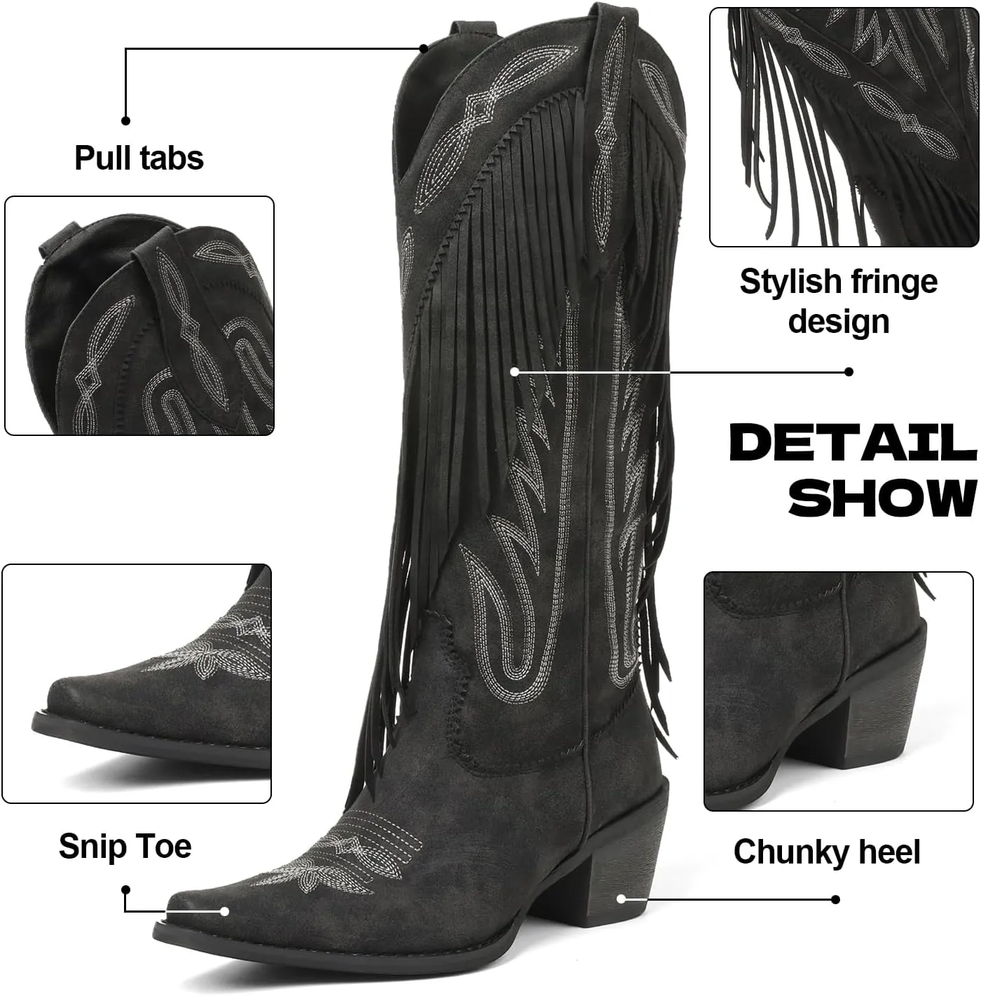 Cowboy Boots for Women Retro Pointed Toe Pull On Block Chunky Heel Embroide Tassel Country Concert Outfits Calf Western Cowgirl Boots