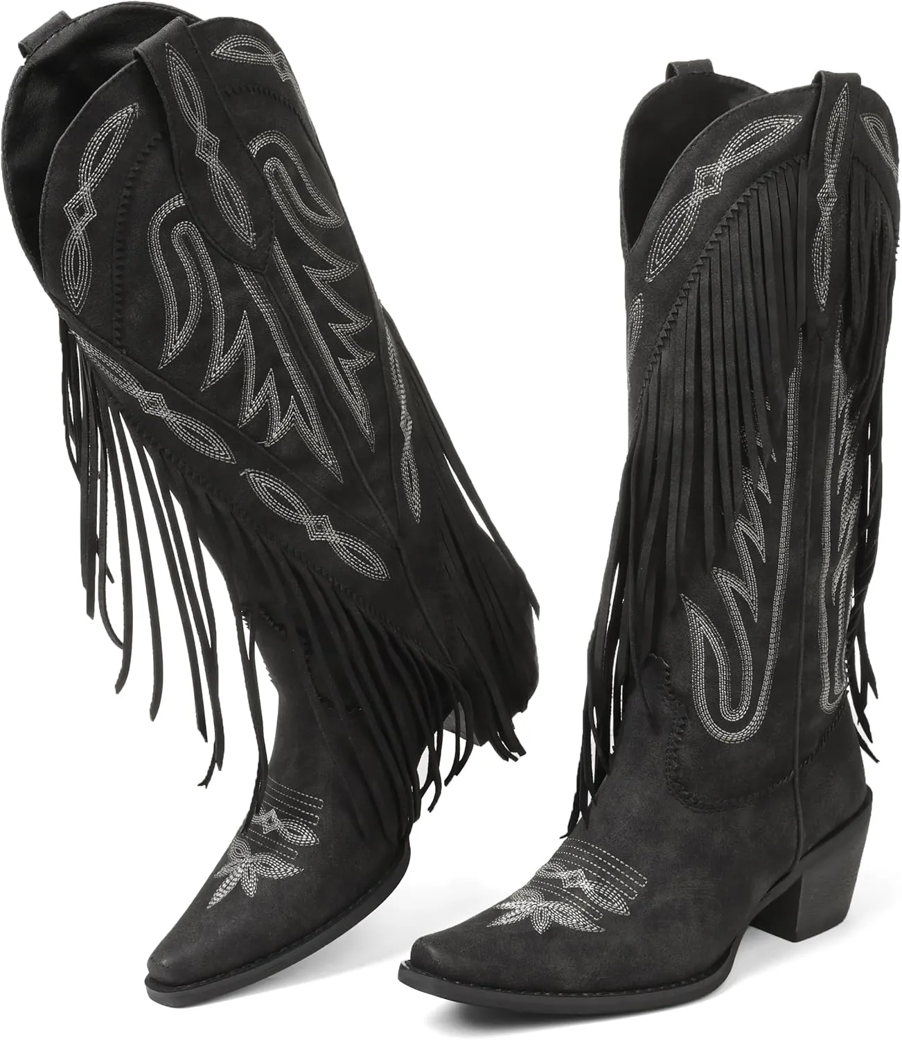 Cowboy Boots for Women Retro Pointed Toe Pull On Block Chunky Heel Embroide Tassel Country Concert Outfits Calf Western Cowgirl Boots