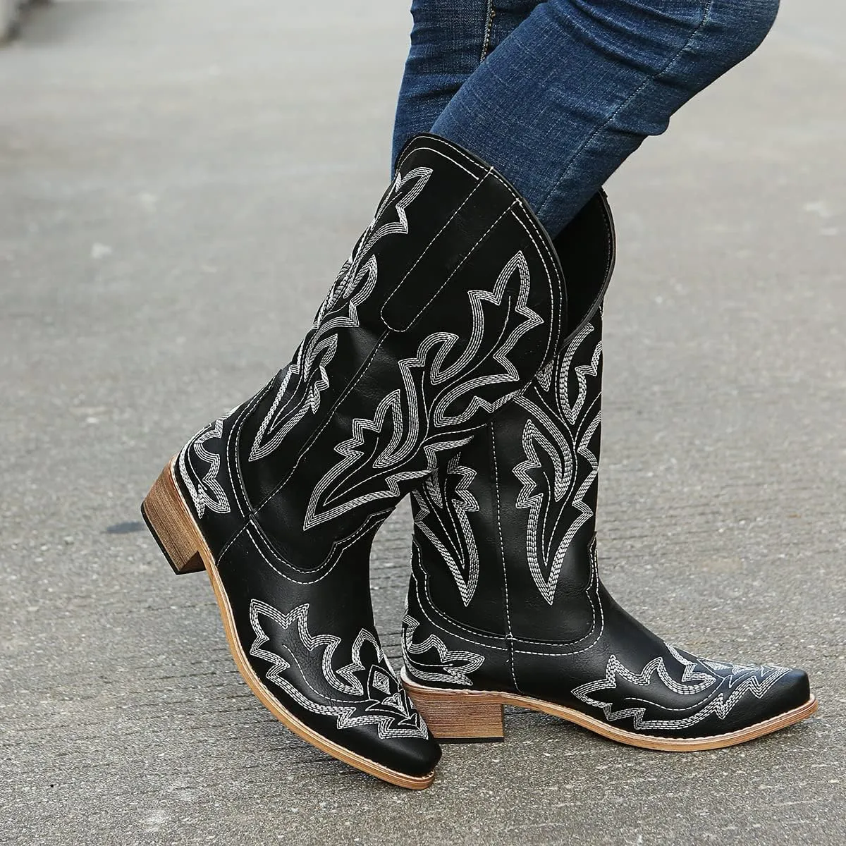Cowboy Boots For Women Wide Calf Mid Calf Cowgirl Embroidered Western Knee High Boots Chunky Heel Pull On Boots for Ladies