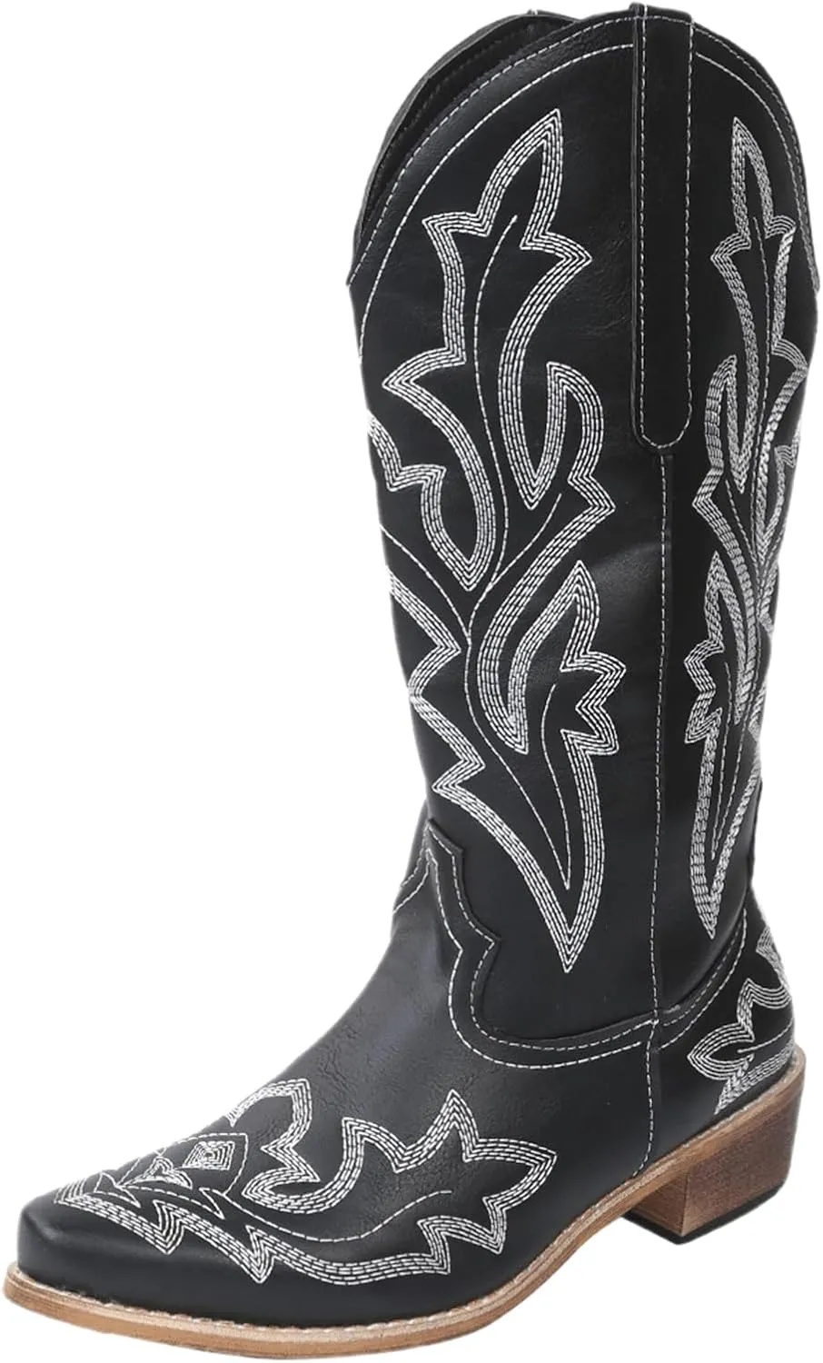 Cowboy Boots For Women Wide Calf Mid Calf Cowgirl Embroidered Western Knee High Boots Chunky Heel Pull On Boots for Ladies