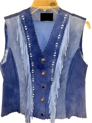 Cowgirl's 2 Tone Blue Suede Leather Fringe Hand Painted  Vest CGV516