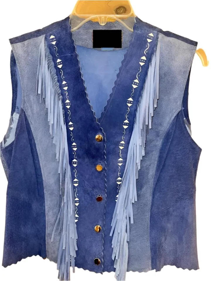 Cowgirl's 2 Tone Blue Suede Leather Fringe Hand Painted  Vest CGV516