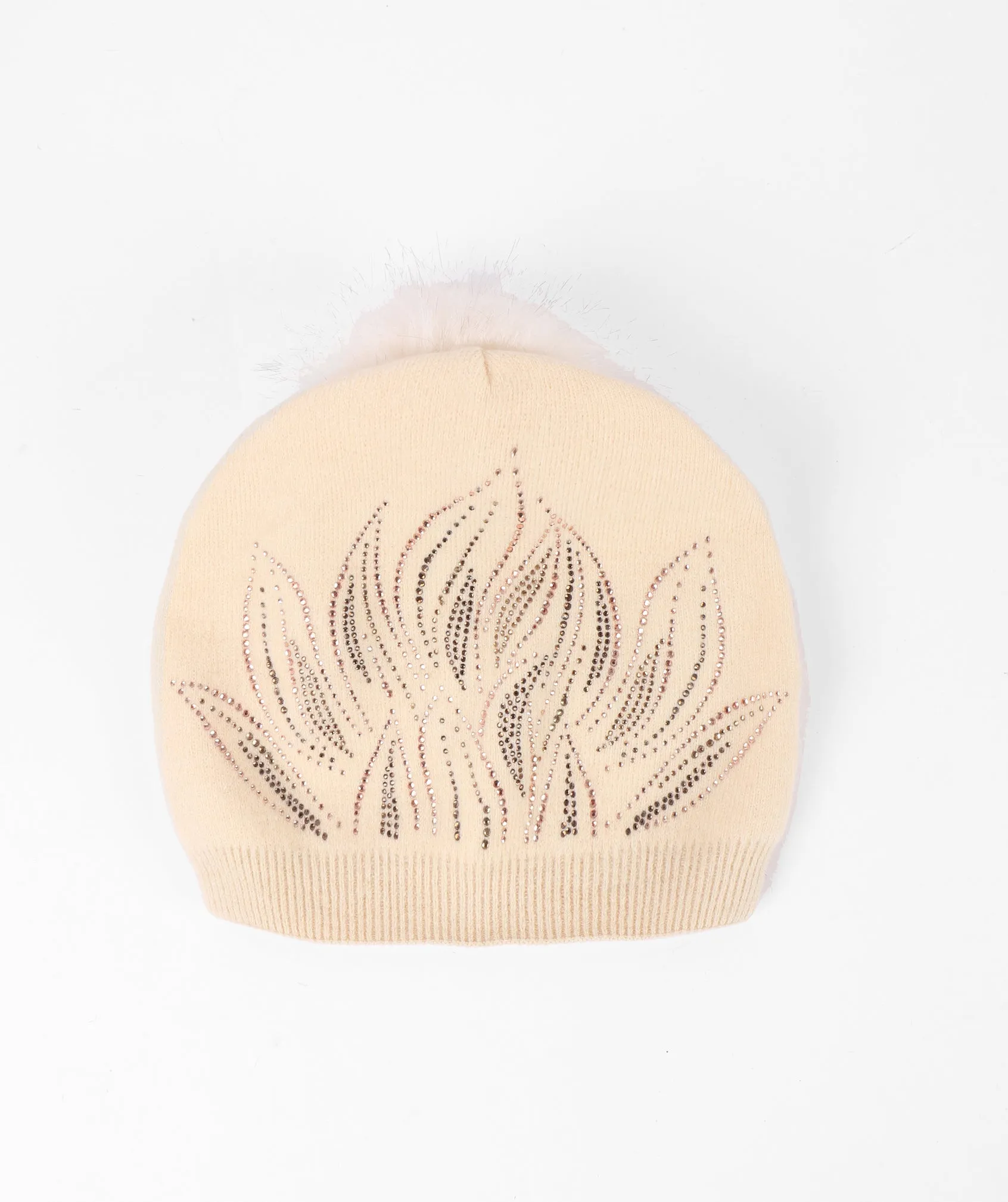 Cream Beanie Hat with a Detachable Faux Fur Pom Pom and Jewels