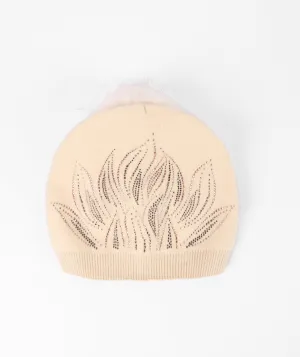 Cream Beanie Hat with a Detachable Faux Fur Pom Pom and Jewels