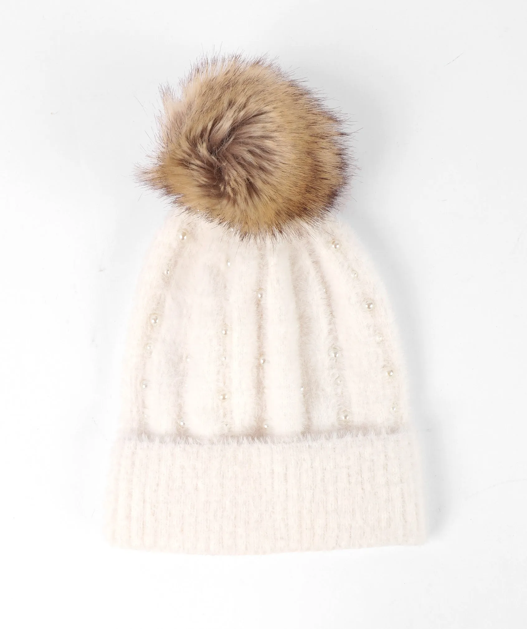 Cream Soft Embellished Pom Pom Hat
