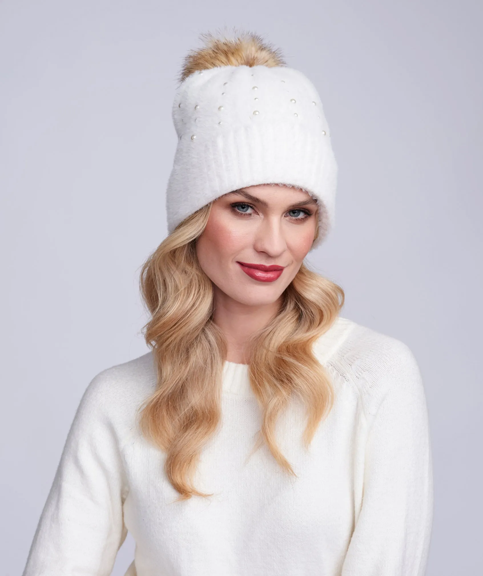 Cream Soft Embellished Pom Pom Hat