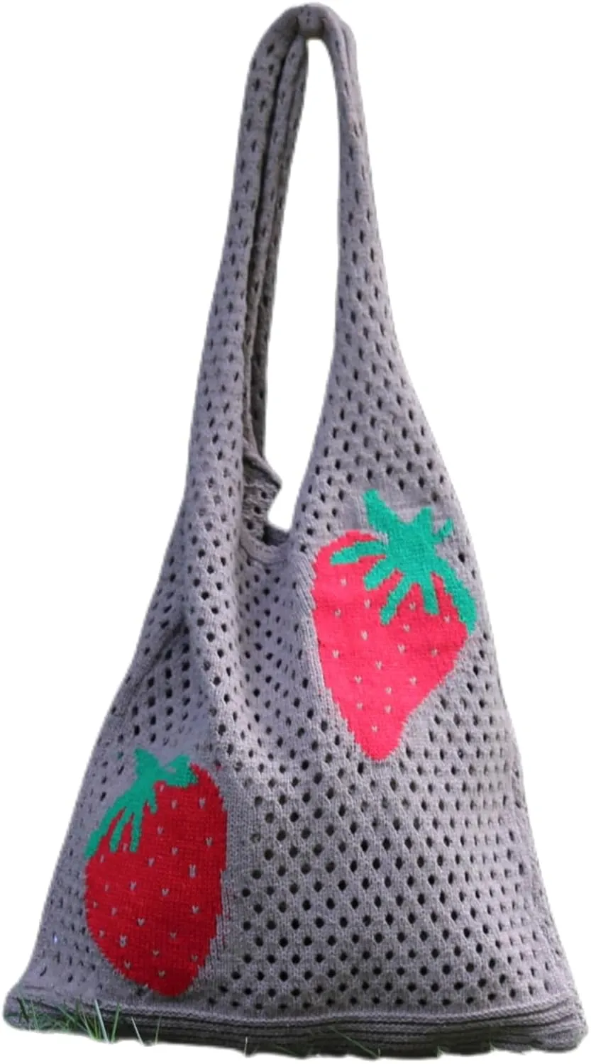 Crochet Bags for Women Crochet Tote Bag Strawberry Pattern Crochet Beach Bags for Women Handbags Knitting Aesthetic