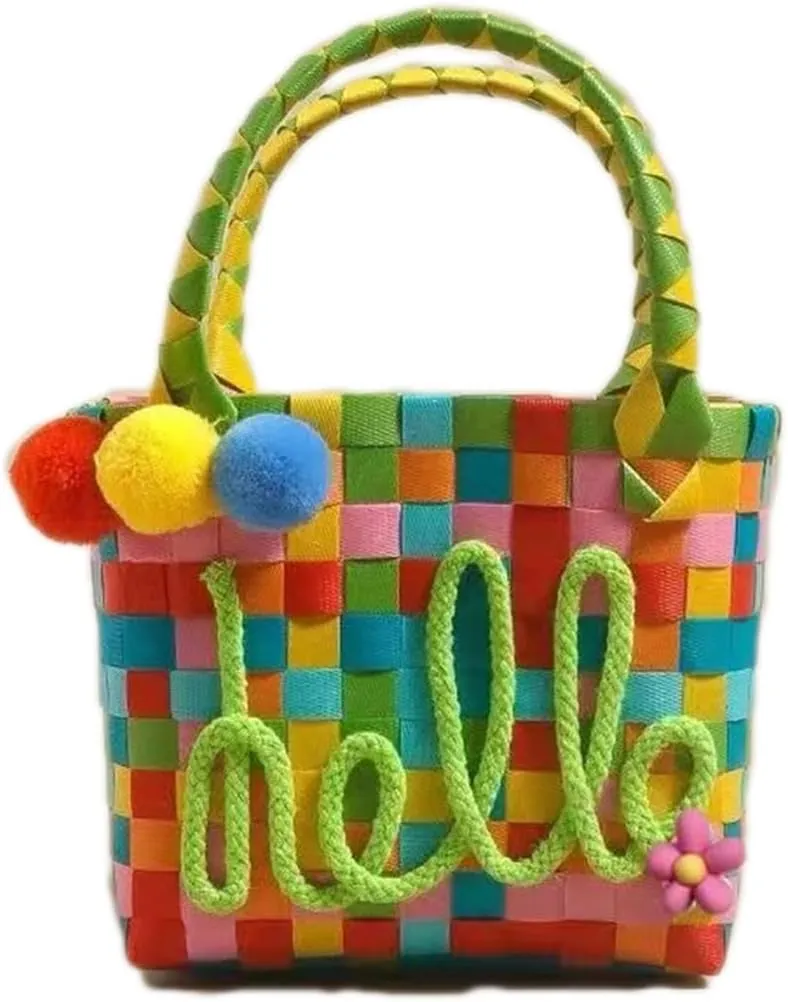 Crochet Purse Colorful Woven Tote Bag - Handmade Knit Handbag Letter Design Cute Pom-Poms Soft Handle Purse