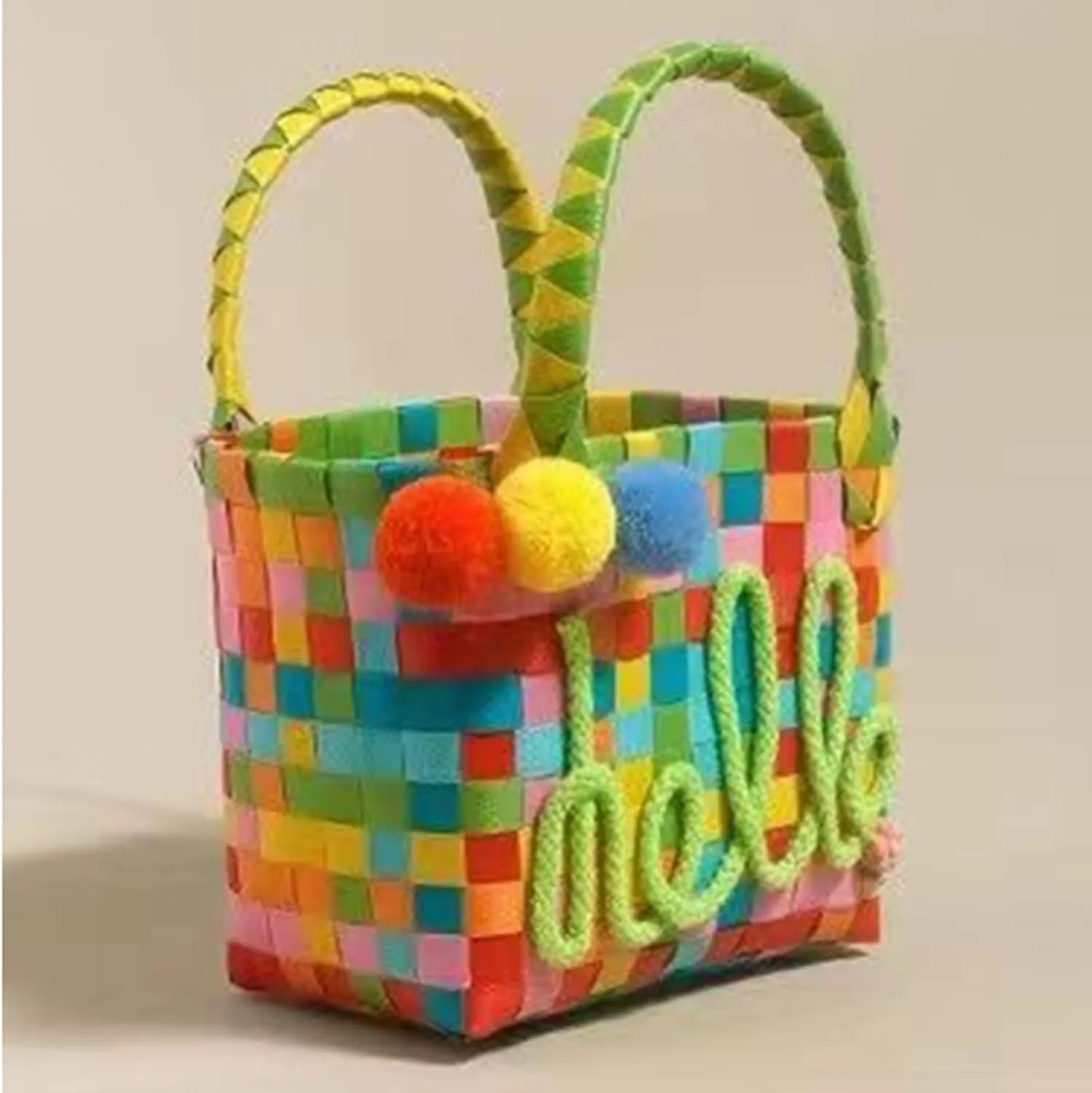 Crochet Purse Colorful Woven Tote Bag - Handmade Knit Handbag Letter Design Cute Pom-Poms Soft Handle Purse