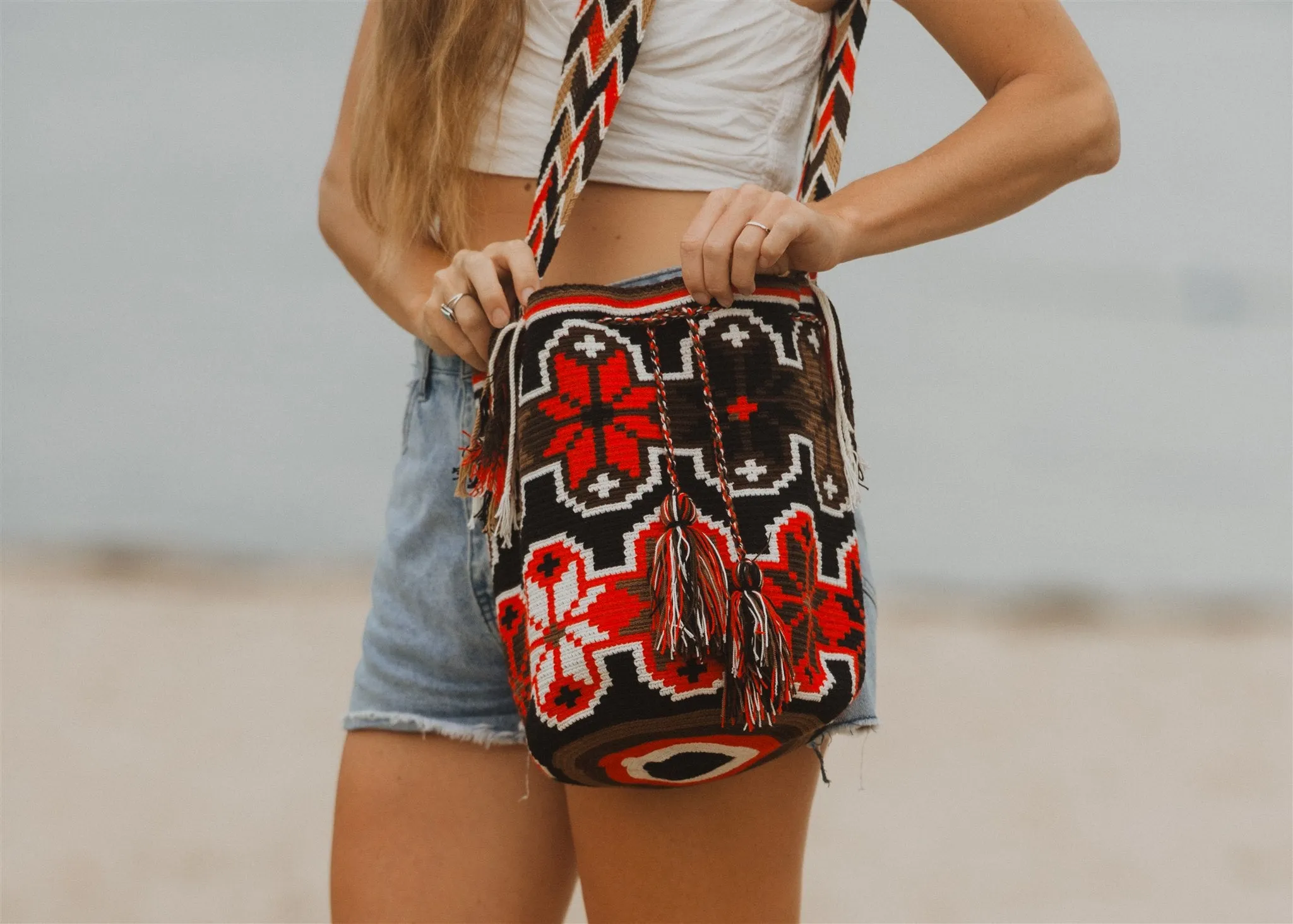 Crossbody Boho Bag Red White Brown