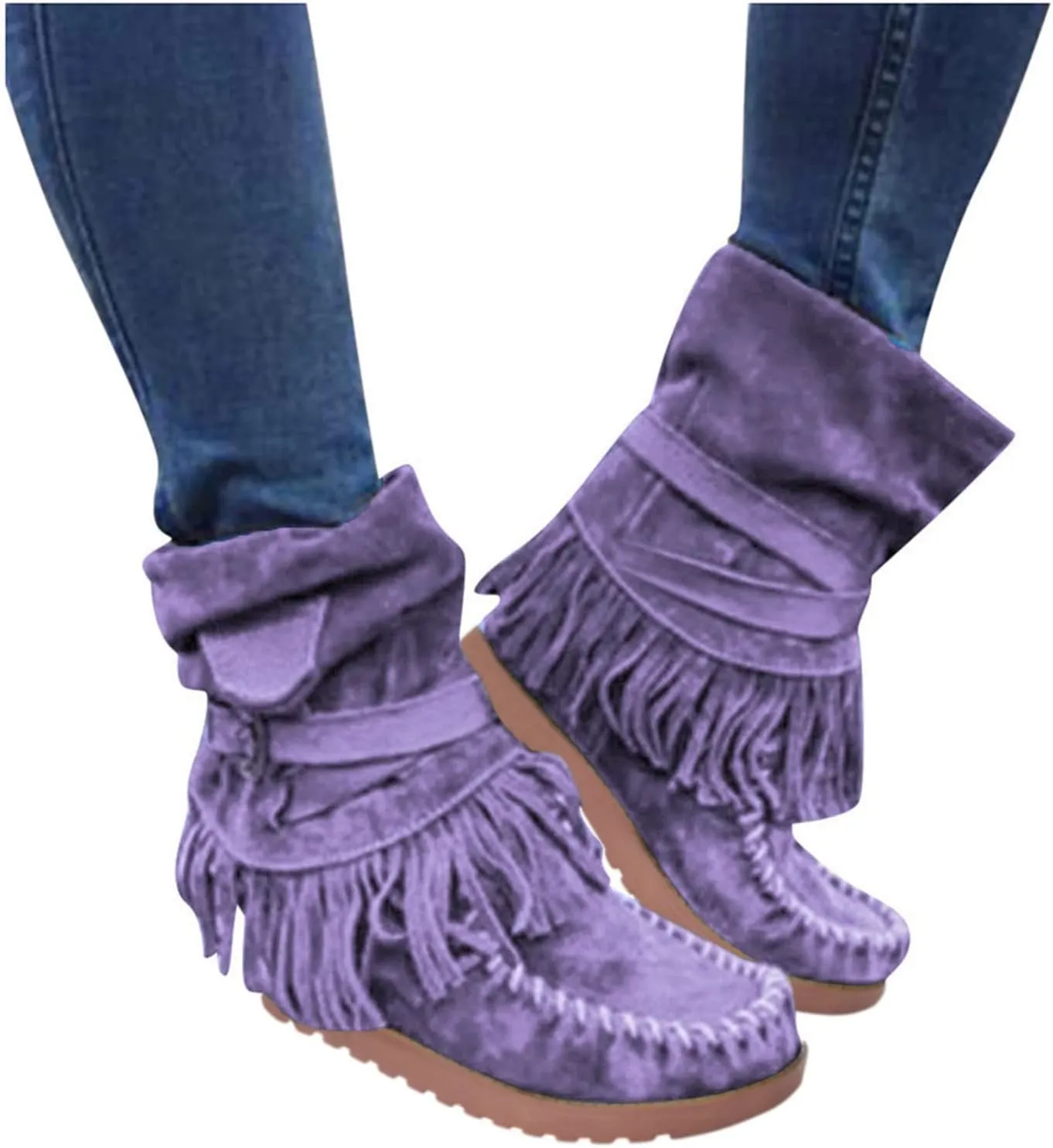 Crzidha Fringe Boots for Women,Vintage Suede Country Boots Soft Loose Slouchy Low Heel Ankle Boots Lightweight Daily Walking Travel Boots Buckle Strap Tassel Cowgirl Boots