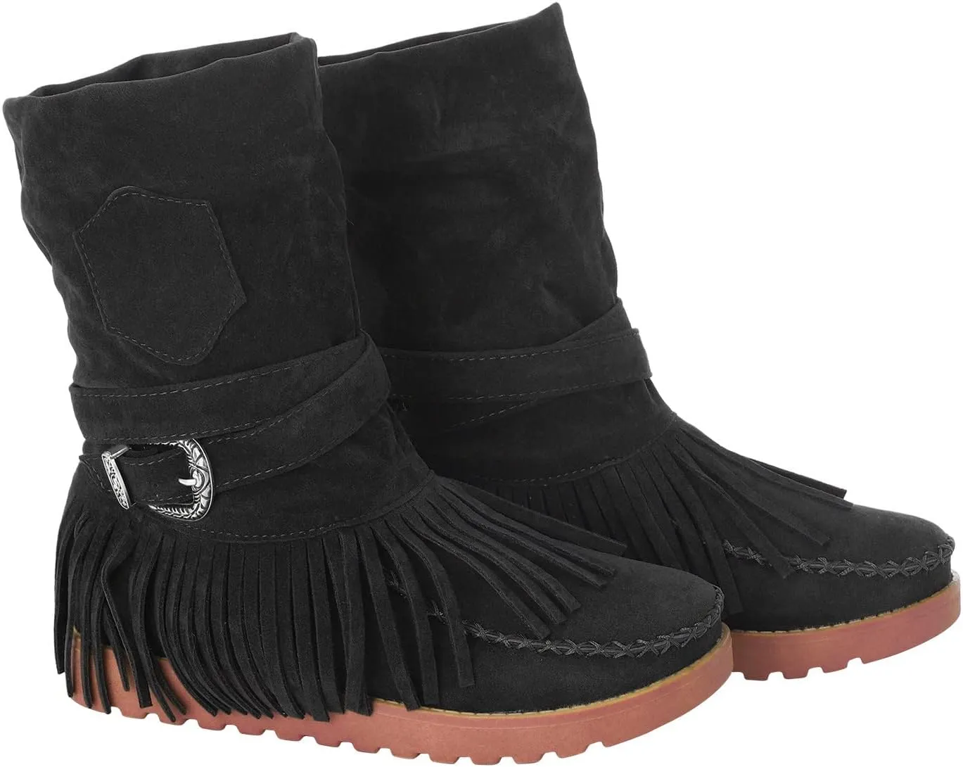 Crzidha Fringe Boots for Women,Vintage Suede Country Boots Soft Loose Slouchy Low Heel Ankle Boots Lightweight Daily Walking Travel Boots Buckle Strap Tassel Cowgirl Boots