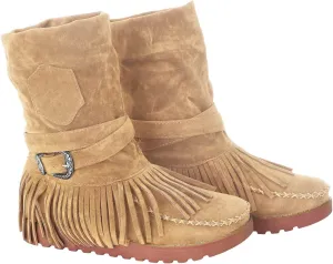 Crzidha Fringe Boots for Women,Vintage Suede Country Boots Soft Loose Slouchy Low Heel Ankle Boots Lightweight Daily Walking Travel Boots Buckle Strap Tassel Cowgirl Boots