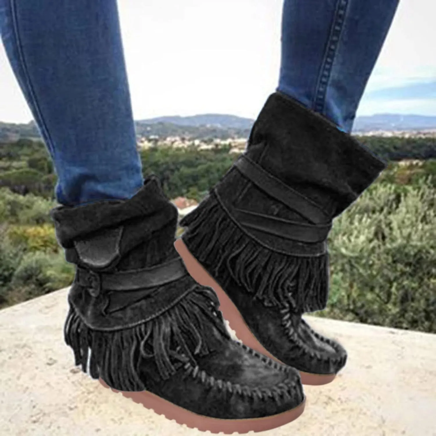 Crzidha Fringe Boots for Women,Vintage Suede Country Boots Soft Loose Slouchy Low Heel Ankle Boots Lightweight Daily Walking Travel Boots Buckle Strap Tassel Cowgirl Boots