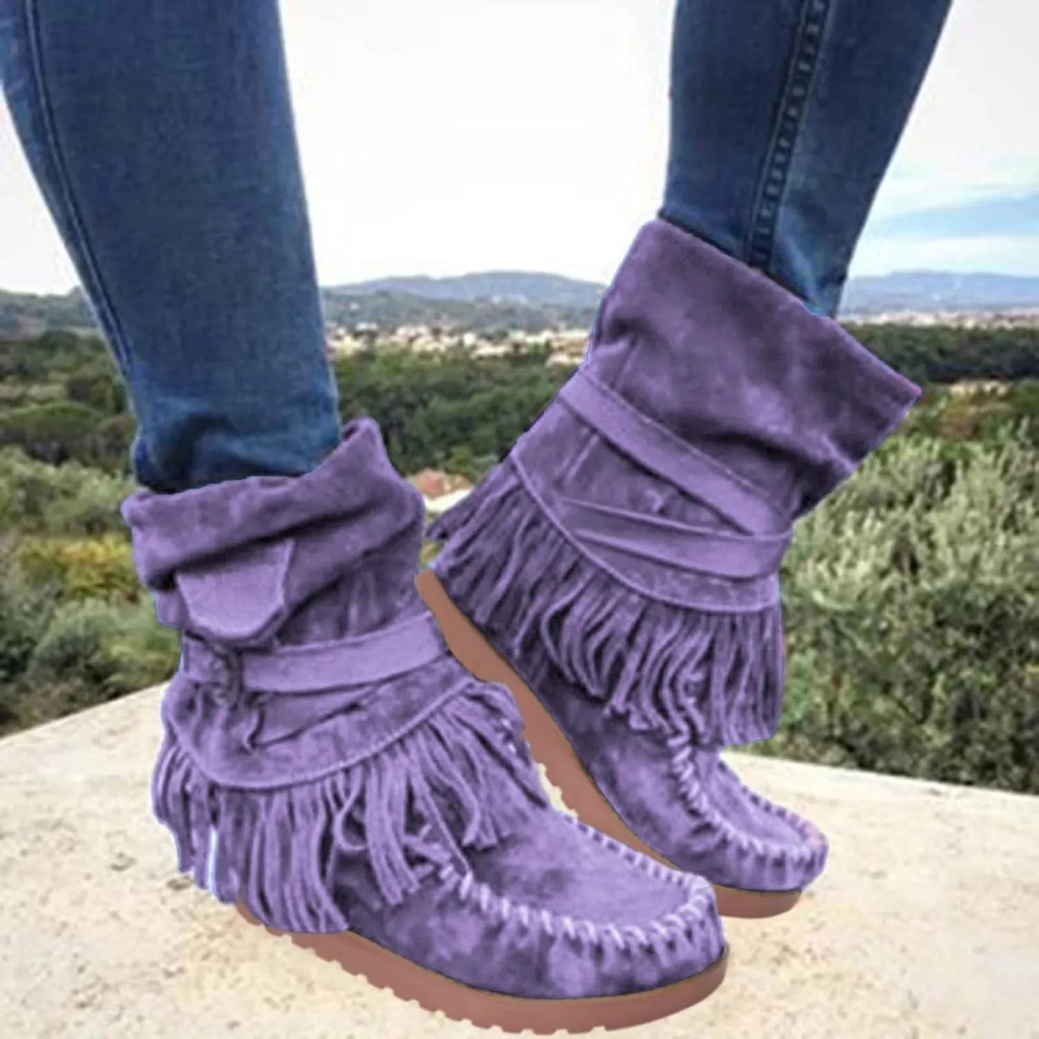 Crzidha Fringe Boots for Women,Vintage Suede Country Boots Soft Loose Slouchy Low Heel Ankle Boots Lightweight Daily Walking Travel Boots Buckle Strap Tassel Cowgirl Boots