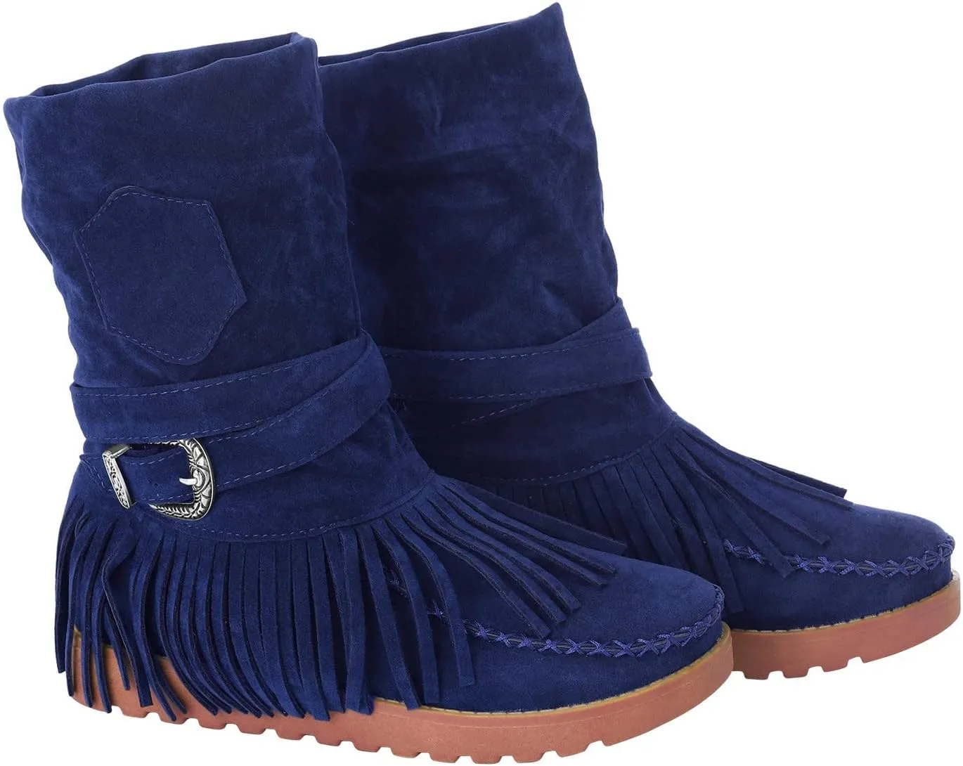 Crzidha Fringe Boots for Women,Vintage Suede Country Boots Soft Loose Slouchy Low Heel Ankle Boots Lightweight Daily Walking Travel Boots Buckle Strap Tassel Cowgirl Boots