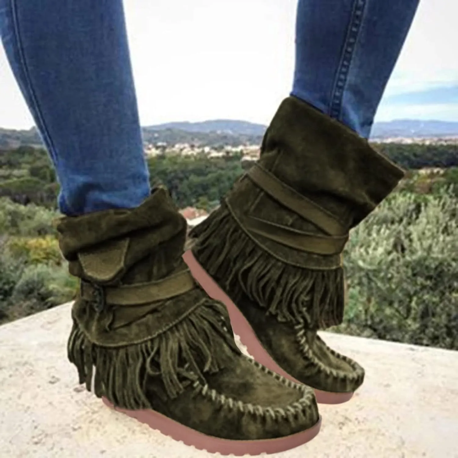 Crzidha Fringe Boots for Women,Vintage Suede Country Boots Soft Loose Slouchy Low Heel Ankle Boots Lightweight Daily Walking Travel Boots Buckle Strap Tassel Cowgirl Boots