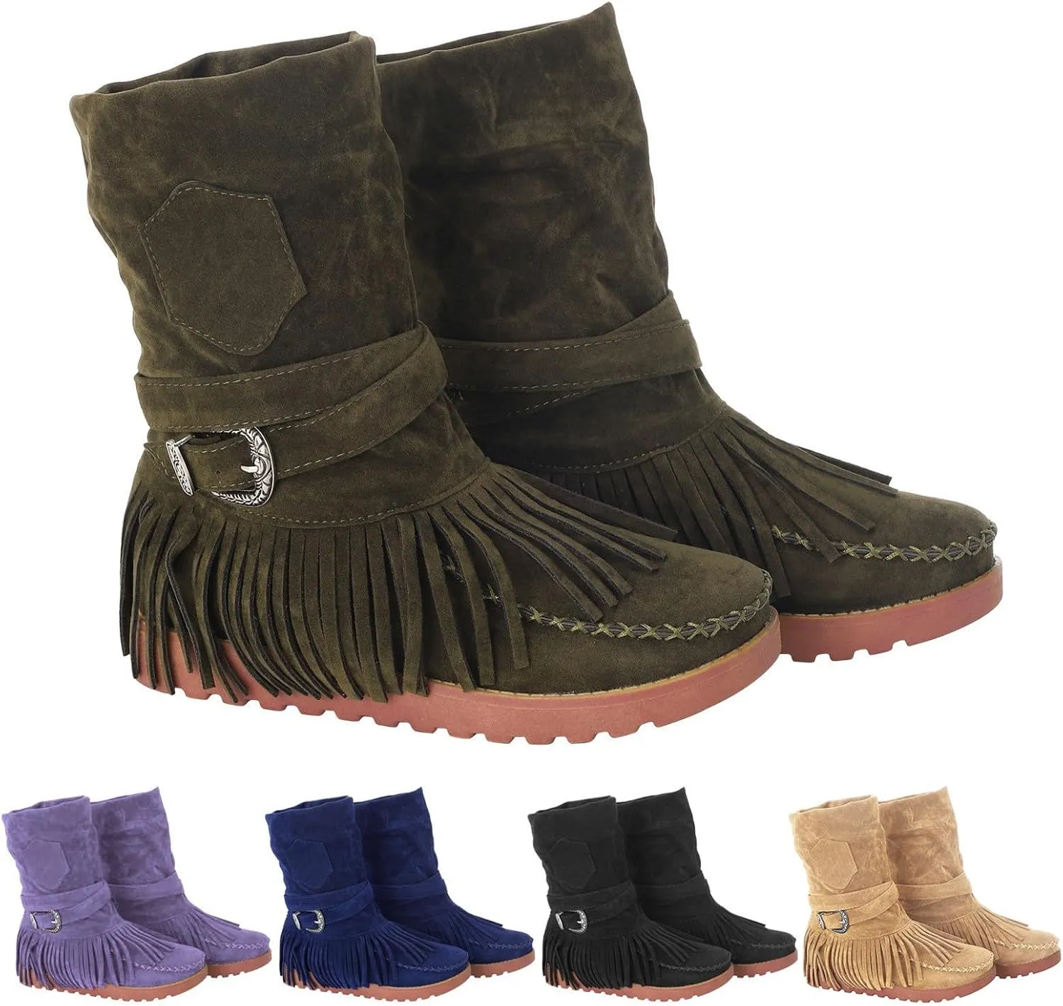 Crzidha Fringe Boots for Women,Vintage Suede Country Boots Soft Loose Slouchy Low Heel Ankle Boots Lightweight Daily Walking Travel Boots Buckle Strap Tassel Cowgirl Boots
