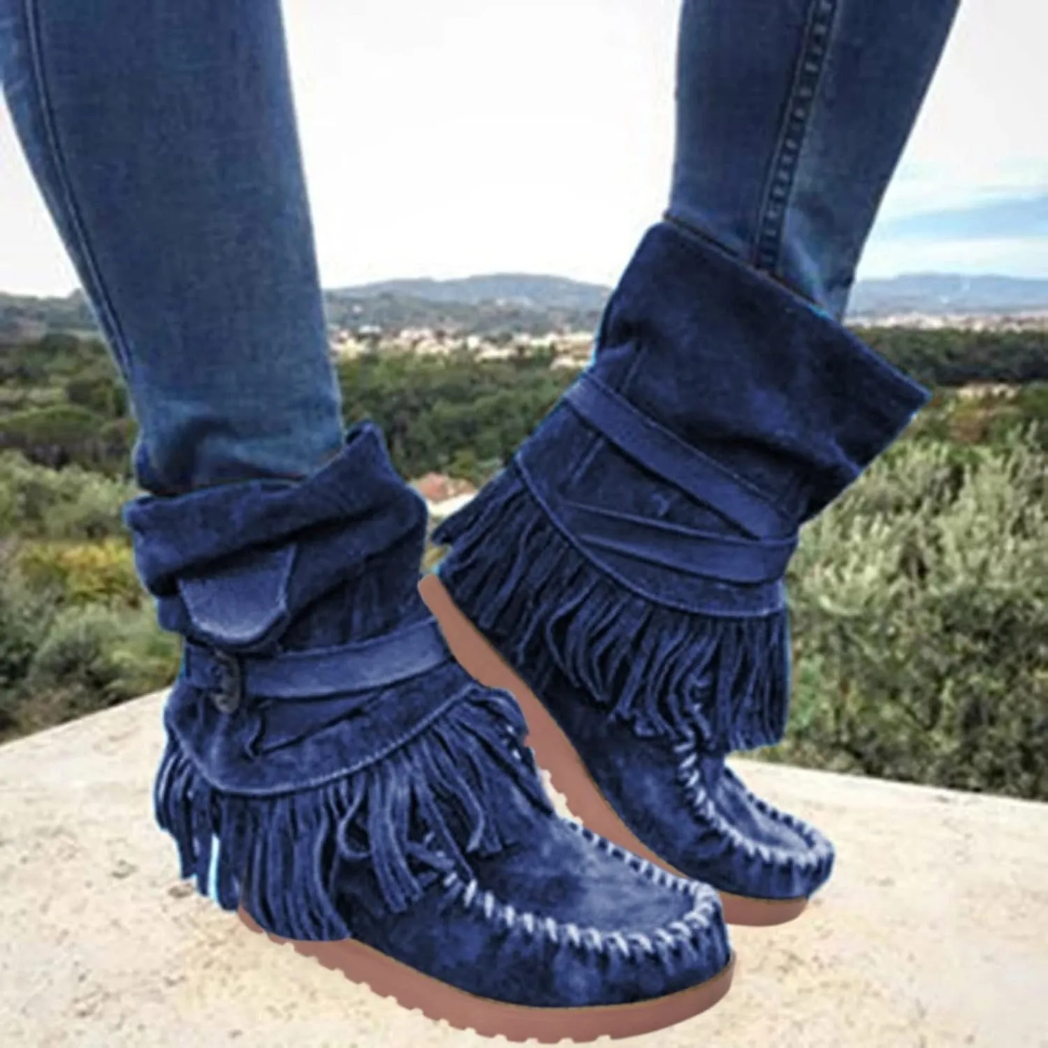 Crzidha Fringe Boots for Women,Vintage Suede Country Boots Soft Loose Slouchy Low Heel Ankle Boots Lightweight Daily Walking Travel Boots Buckle Strap Tassel Cowgirl Boots