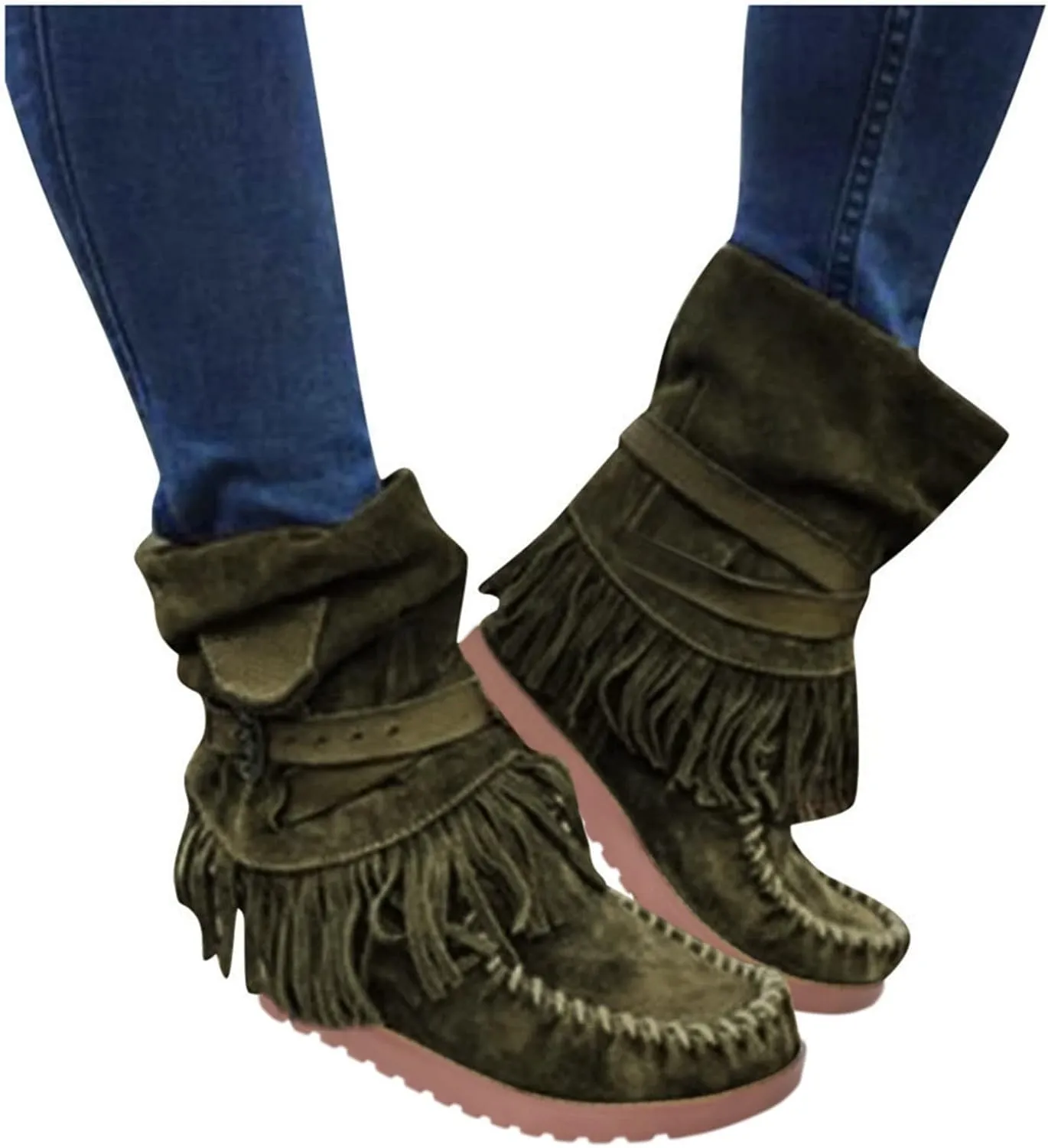 Crzidha Fringe Boots for Women,Vintage Suede Country Boots Soft Loose Slouchy Low Heel Ankle Boots Lightweight Daily Walking Travel Boots Buckle Strap Tassel Cowgirl Boots