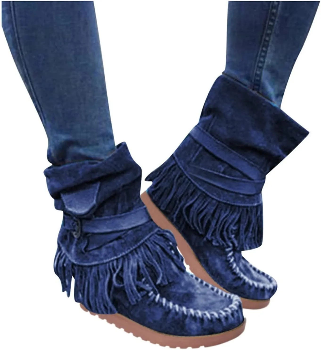 Crzidha Fringe Boots for Women,Vintage Suede Country Boots Soft Loose Slouchy Low Heel Ankle Boots Lightweight Daily Walking Travel Boots Buckle Strap Tassel Cowgirl Boots