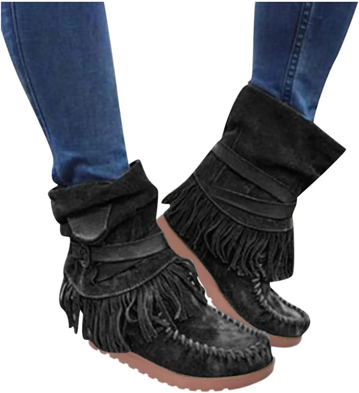 Crzidha Fringe Boots for Women,Vintage Suede Country Boots Soft Loose Slouchy Low Heel Ankle Boots Lightweight Daily Walking Travel Boots Buckle Strap Tassel Cowgirl Boots